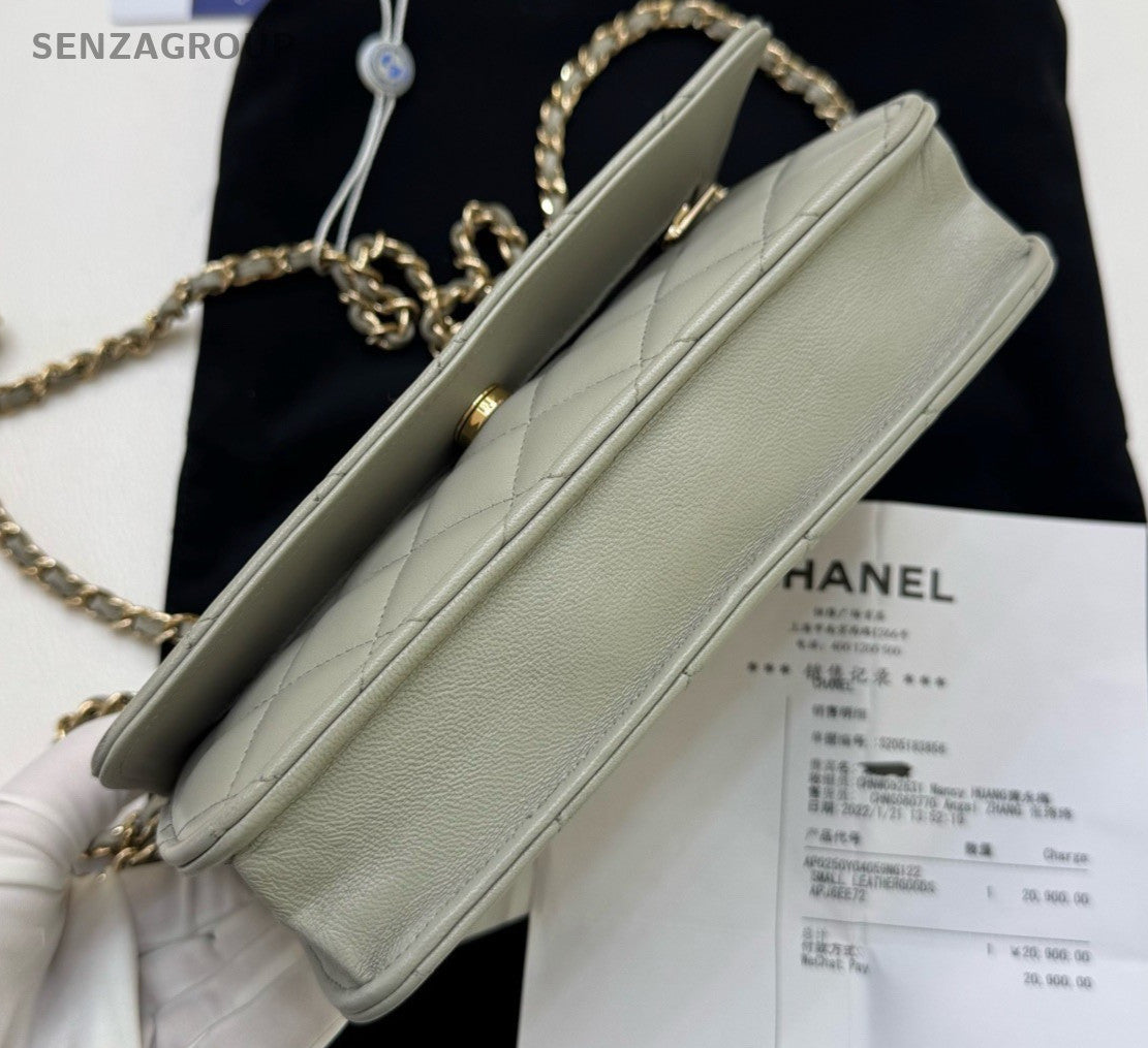 Chanel WOC Chain Lambskin Shoulder Bag Crossbody Gray Gold Used Women Classic