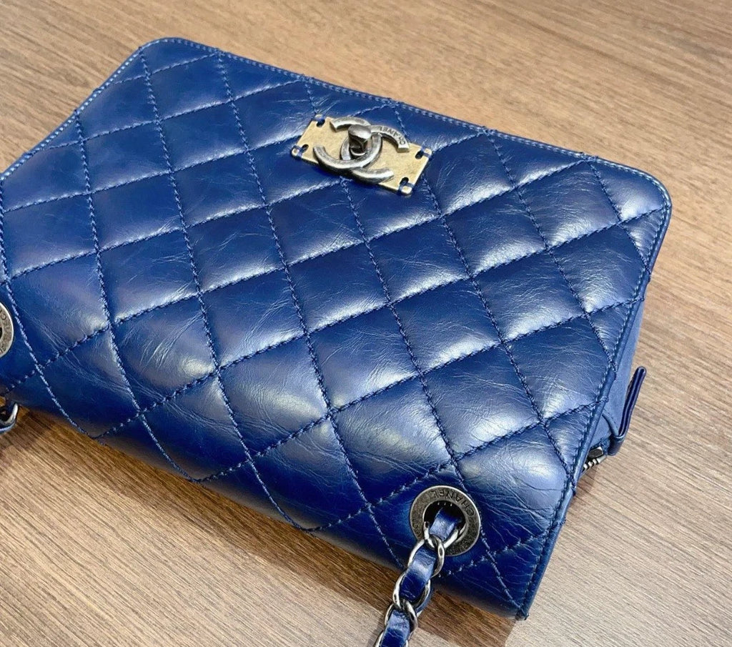 Chanel Diamond PM Turn Lock Blue Chain Sliver Hardware Shoulder Bag Women