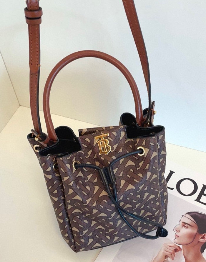 Burberry Top Handle Bucket Drawstring 2way Shoulder Handbag Monogram Women