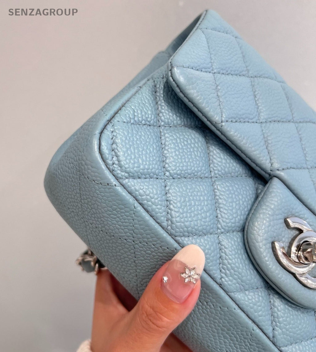 Chanel Classic Flap Mini Calfskin Chain Shoulder Bag Crossbody Blue Silver Women