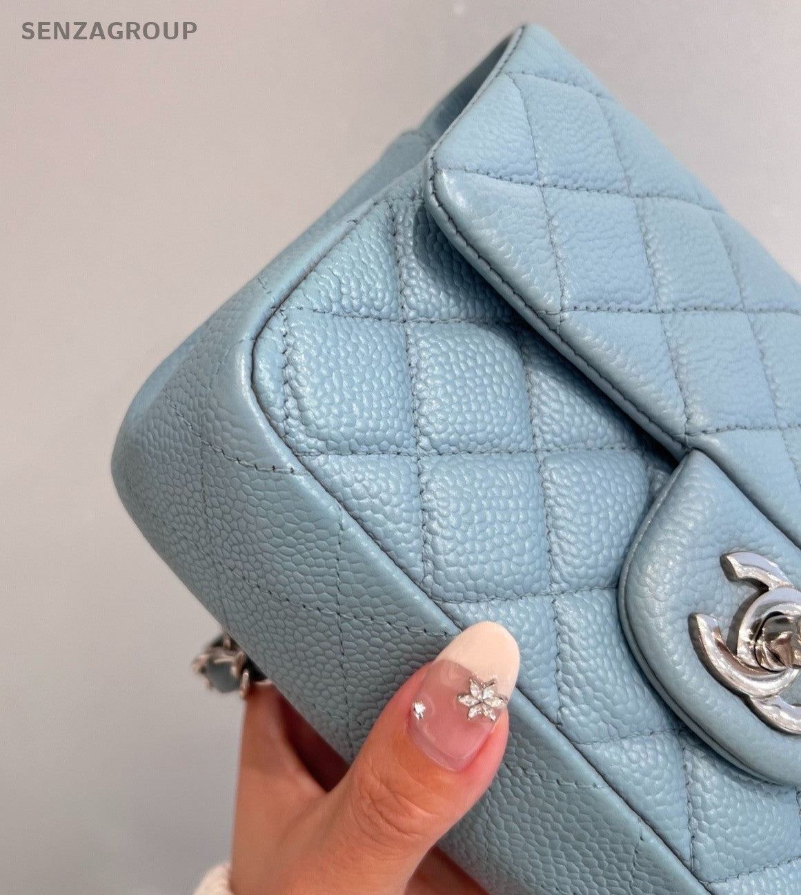 Chanel Classic Flap Mini Calfskin Chain Shoulder Bag Crossbody Blue Silver Women
