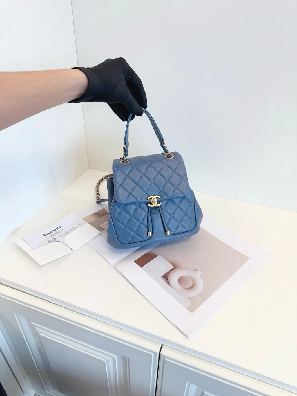CHANEL Dusty Blue Gold Chain Backpack For Women