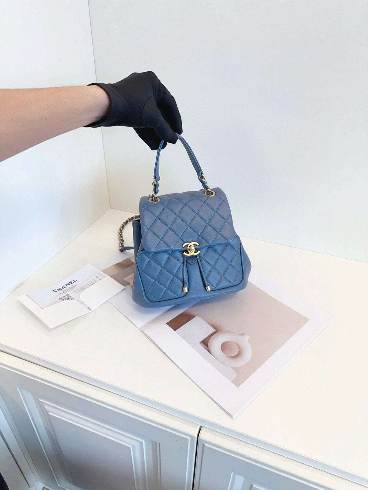 CHANEL Dusty Blue Gold Chain Backpack For Women