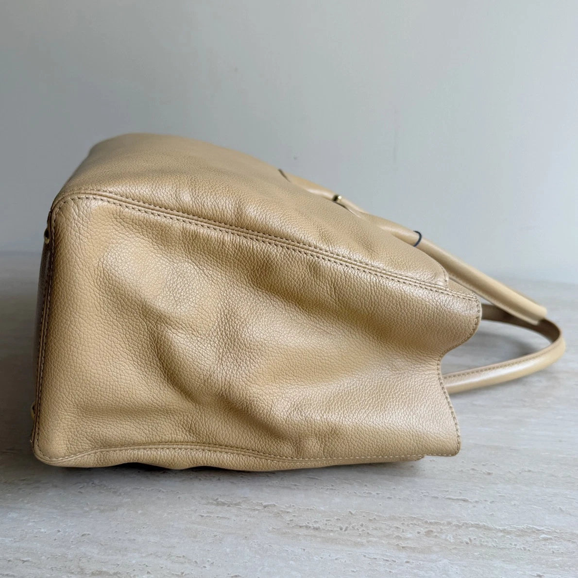 Chanel Cerf Calfskin Leather Tote Beige Handbag Gold Hardware Turn Lock