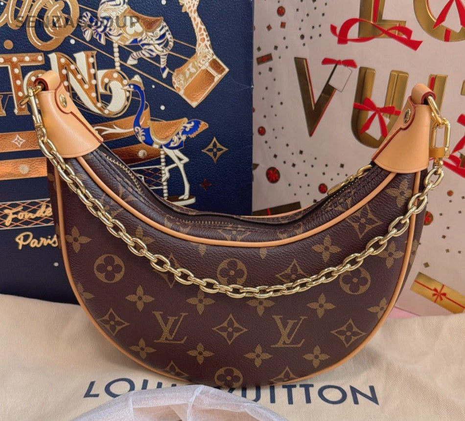 Louis Vuitton Loop Monogram Chain Shoulder Crossbody Brown Gold Women Classic