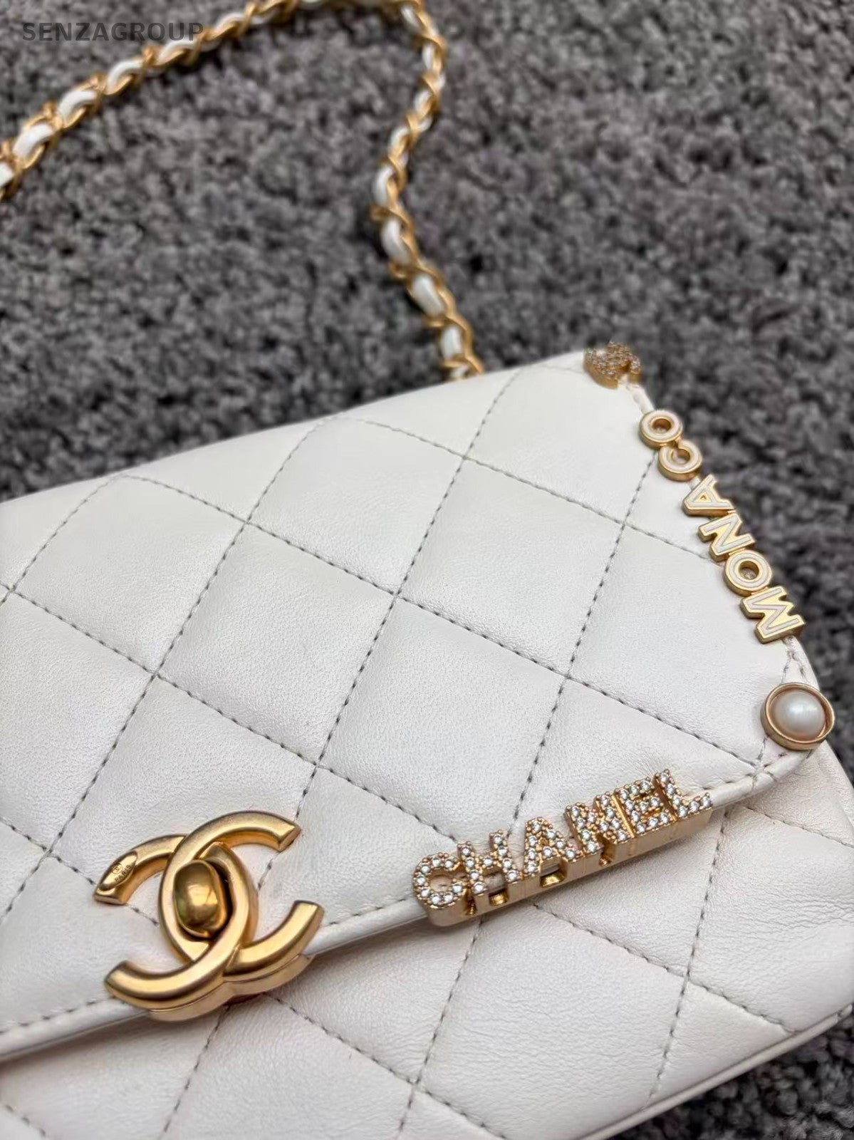 Chanel Chain 2Way Shoulder Bag Crossbody White Gold Diamond Women Classic