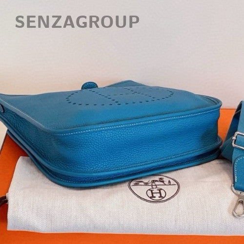 HERMES Evelyne Epsom Leather Shoulder Bag Crossbody Blue Silver Used Women
