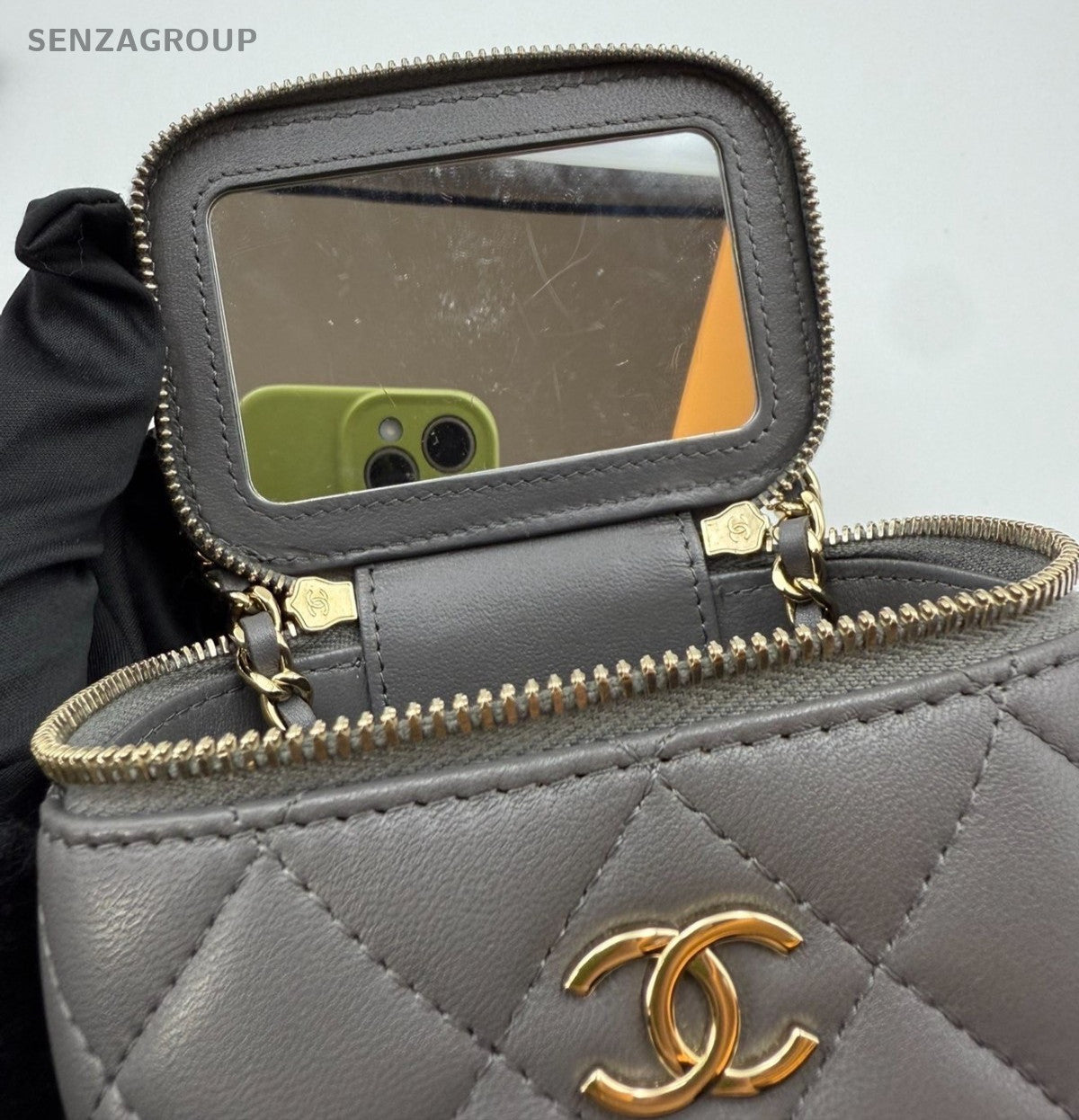 Chanel Vanity Case Lambskin Mini Top Handle Shoulder Crossbody Gray Gold Women