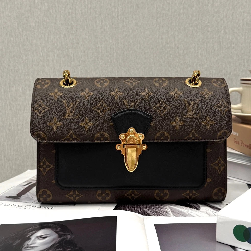 Louis Vuitton Victoire Monogram Canvas Black Calfskin Gold Chain Shoulder Bag