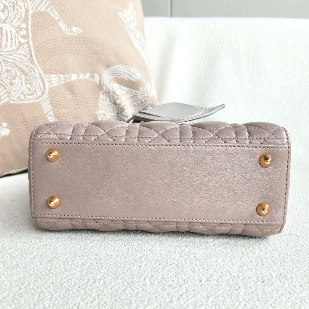 Christian Dior Lady Dior Lambskin Top Handle Crossbody Beige Gold Women Classic