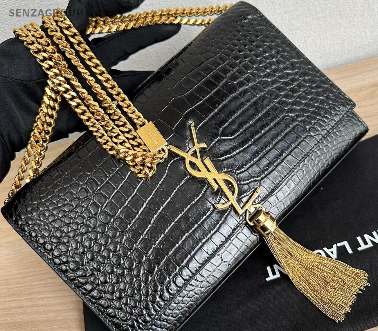 Saint Laurent Kate MM Tassel Chain Shoulder Bag Black Gold Women Classic Fashion