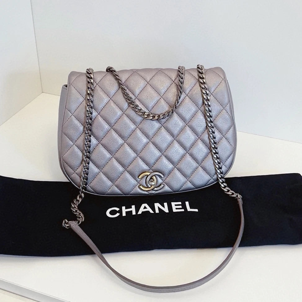 Chanel Diamond Saddle Chain Shoulder Crossbody Silver Women Classic