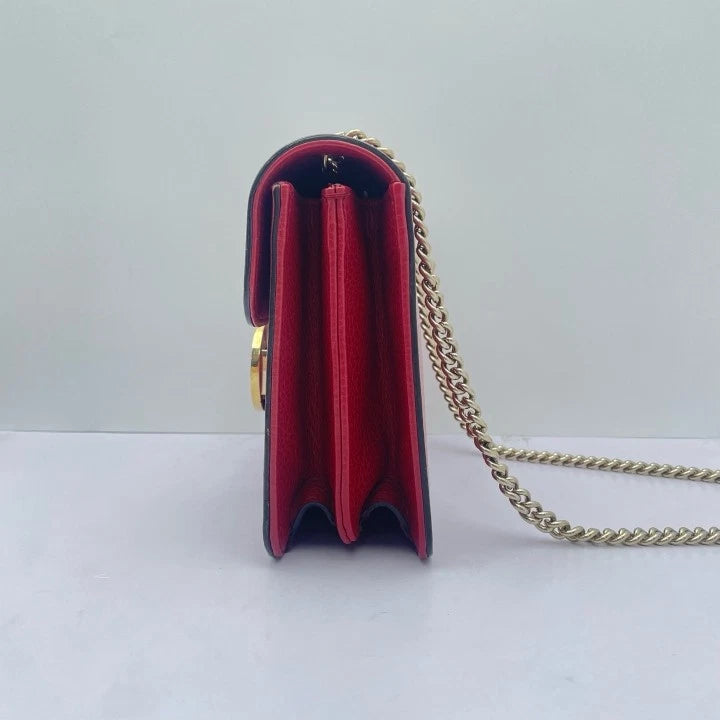 Gucci Red Grained Leather Small Accordion Chain Crossbody Bag For Women