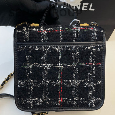 Chanel 22K Black Tweed Chain Crossbody Bag Gold Hardware Women's Fashion