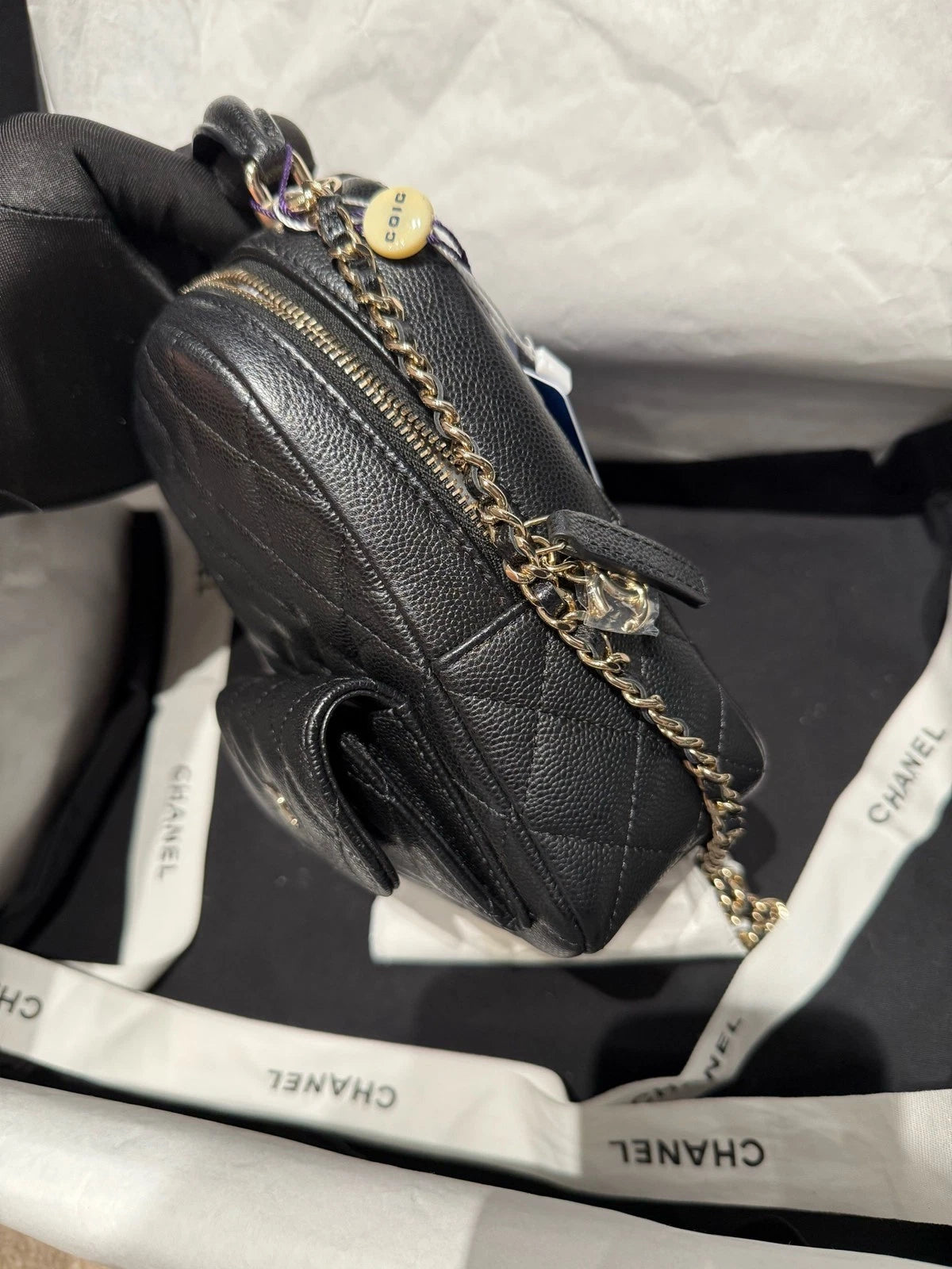 CHANEL Black Gold Caviar Leather Mini Backpack For Women
