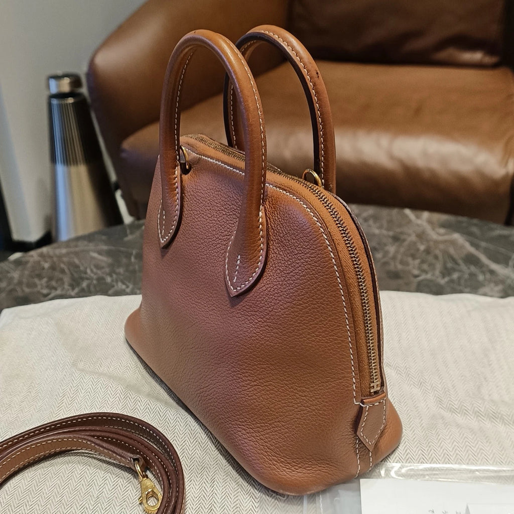 Hermes Bolide Mini Evercolor Leather Top Handle Crossbody Brown Gold Women