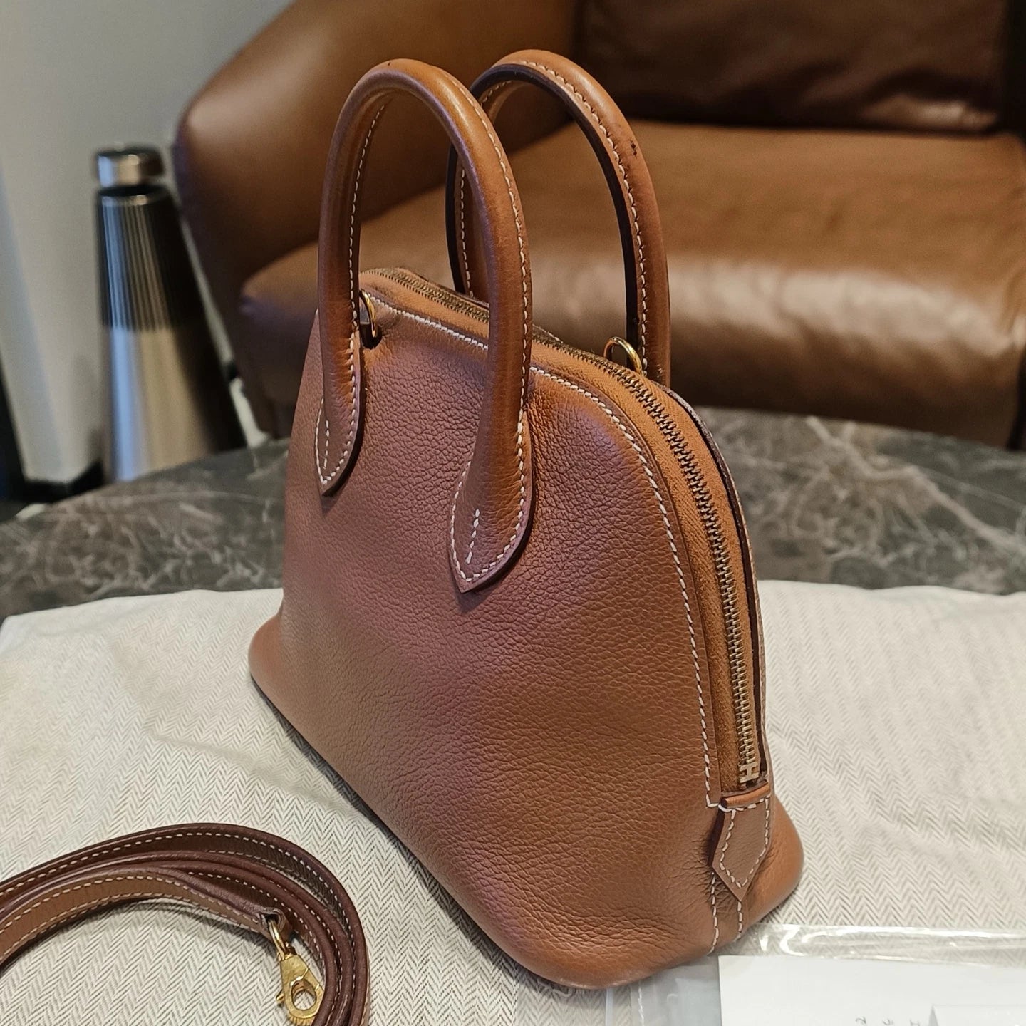 Hermes Bolide Mini Evercolor Leather Top Handle Crossbody Brown Gold Women
