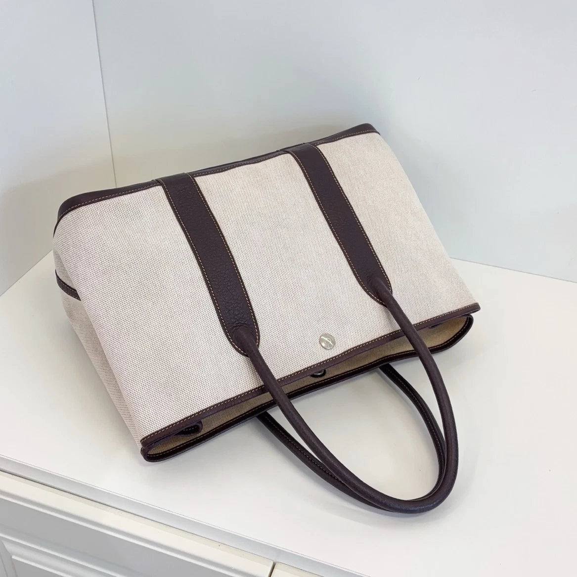 Hermes Garden Party36 Canvas Top Handle Bag White Brown Silver Women Classic