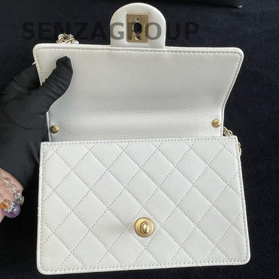 Chanel White Quilted Pearl Chain Crossbody Bag - Women's Fashion
