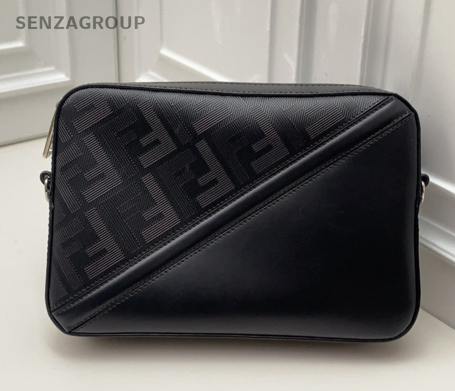 Fendi Diagonal Camera Shoulder Bag Crossbody Black Silver Unisex Adults Classic