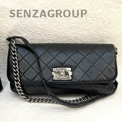 Chanel Le Boy Black Silver Chain Shoulder Bag Classic Quilted