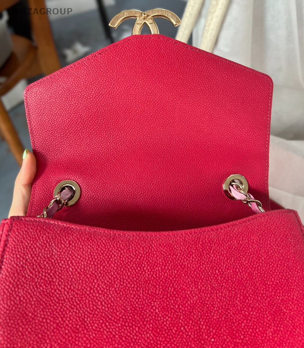 Chanel Coco Curve Calfskin Top Handle Shoulder Bag Crossbody Red Gold Women