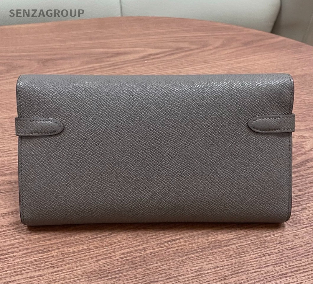 Hermes Kelly Long Wallet Clutch Epsom Gray Silver Women Classic