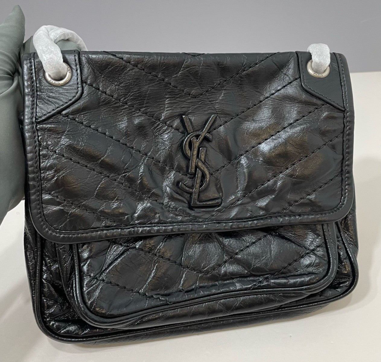 Saint Laurent Niki PM Shoulder Bag Black Silver Used Women Classic Fashion