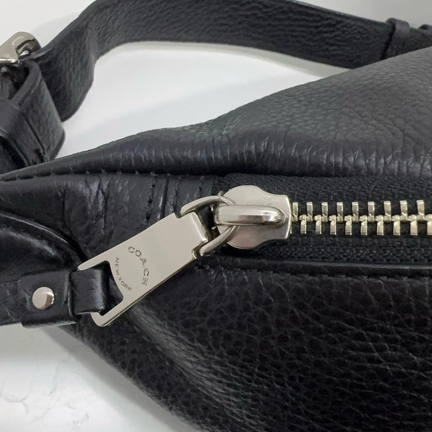 Coach Black Pebbled Leather Rivet Logo Zipper Waist Bag For Women