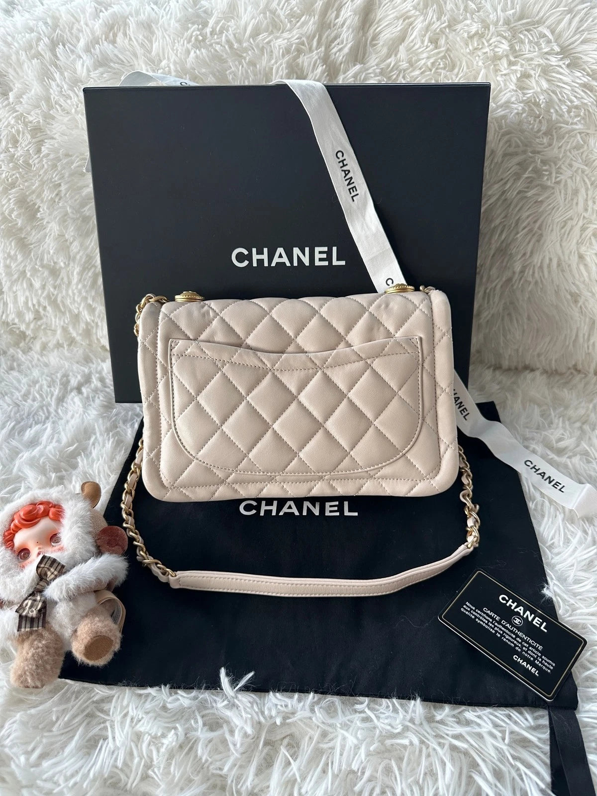 Chanel Light Beige Lambskin Tofu Messenger Crossbody Handbag For Women