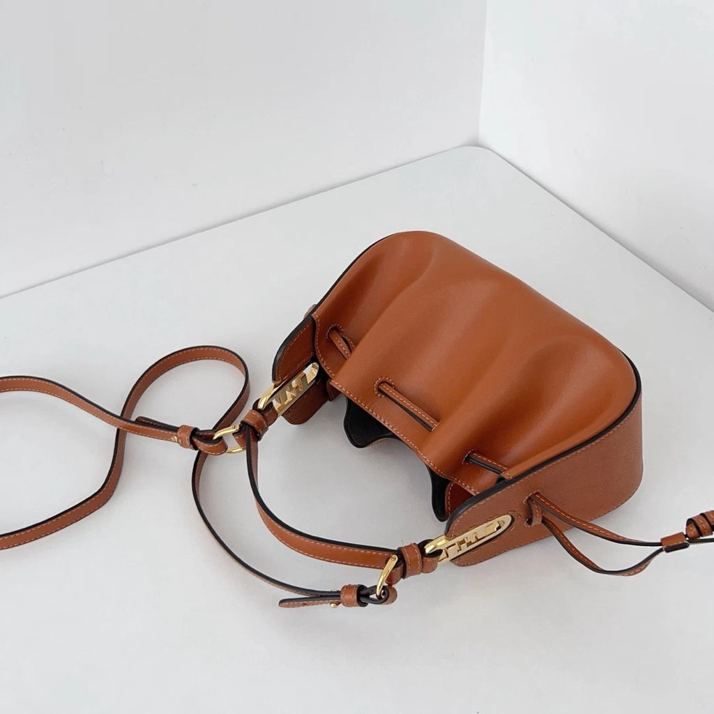Excellent Fendi Pomodorino Bucket Top Handle Crossbody Bag Brown Gold Hardware