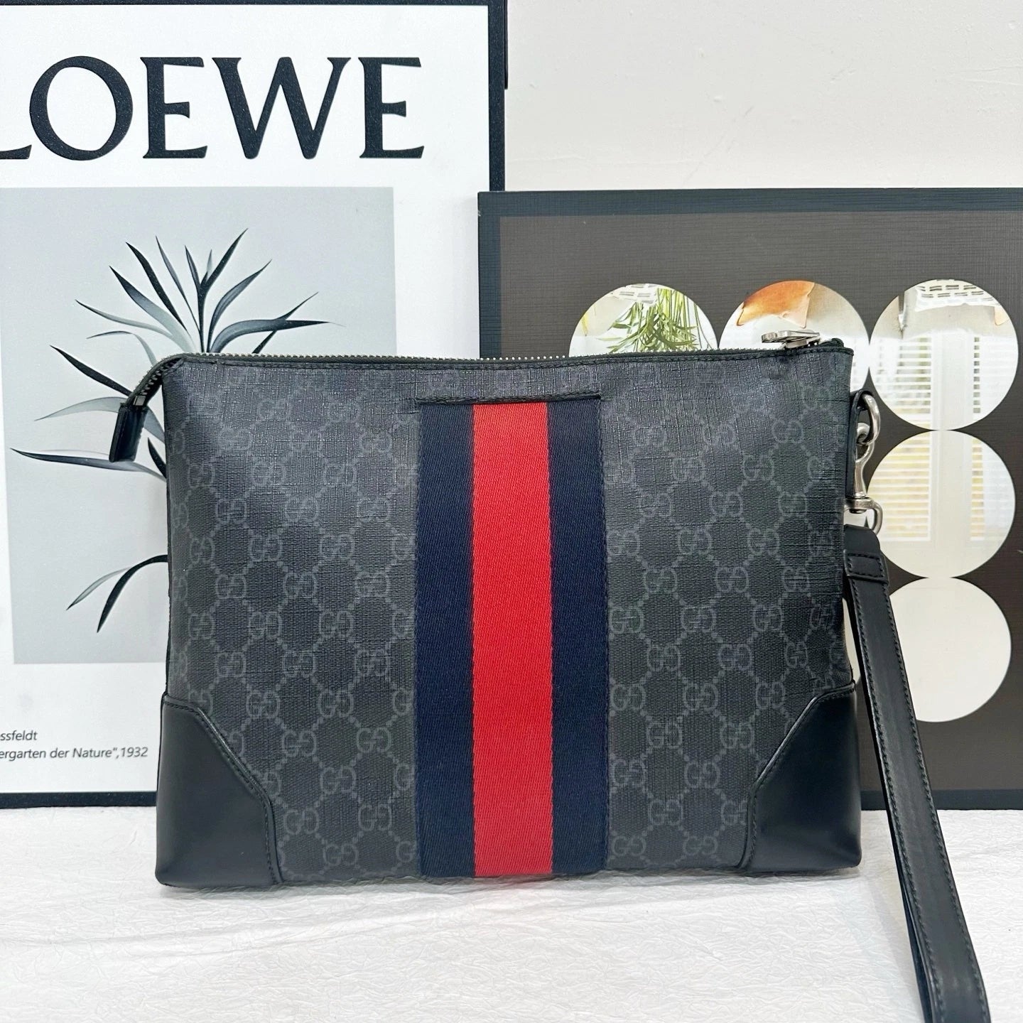 Gucci Black Monogram Stripe Canvas Leather Clutch Bag For Women
