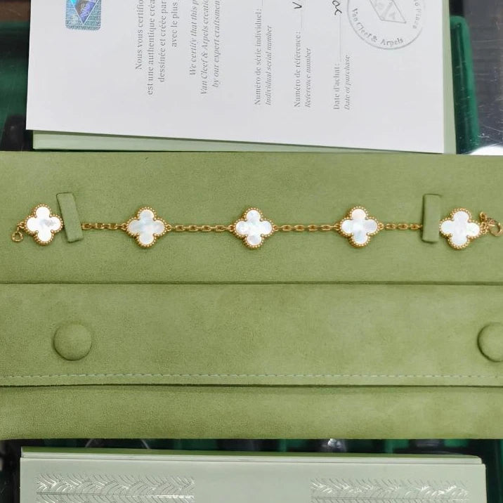 New Van Cleef &amp; Arpels Vintage Alhambra Bracelet 18k YG 5 Motifs Mother Of Pearl