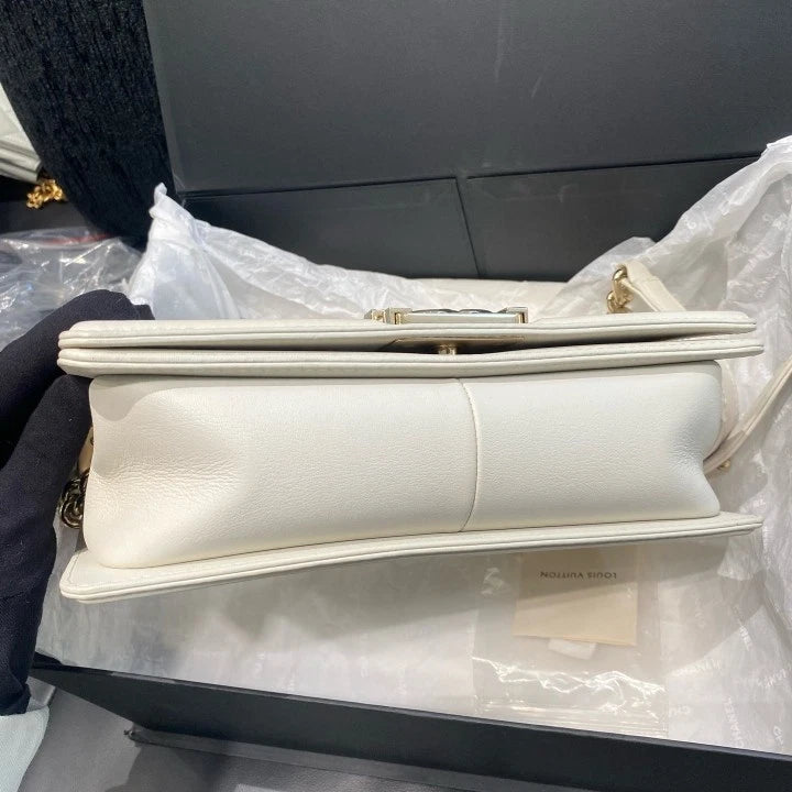Chanel Leboy MM Calfskin Shoulder Crossbody Bag White Gold Women Fashion D