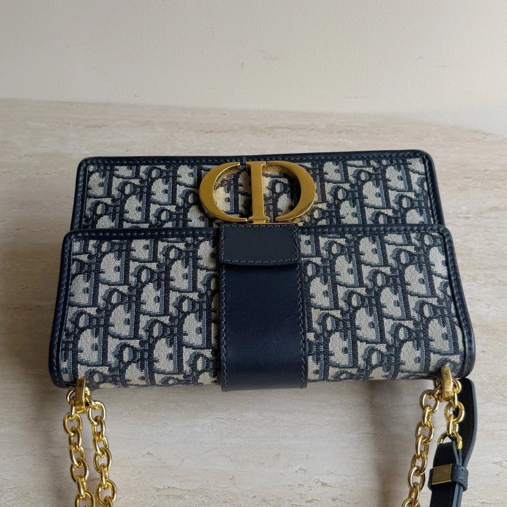 Christian Dior 30Montaigne Oblique Canvas Gold Chain Navy Shoulder Bag Crossbody