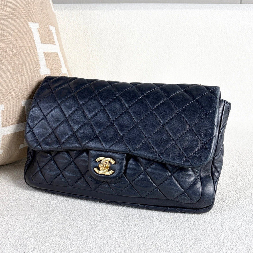 Chanel Classic Flap Chain Lambskin Shoulder Crossbody Blue Gold Women Diamond