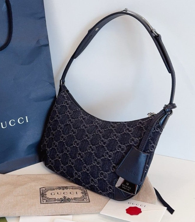 GUCCI Horsebit Slim Denim Black Monogram Shoulder Handbag  Women