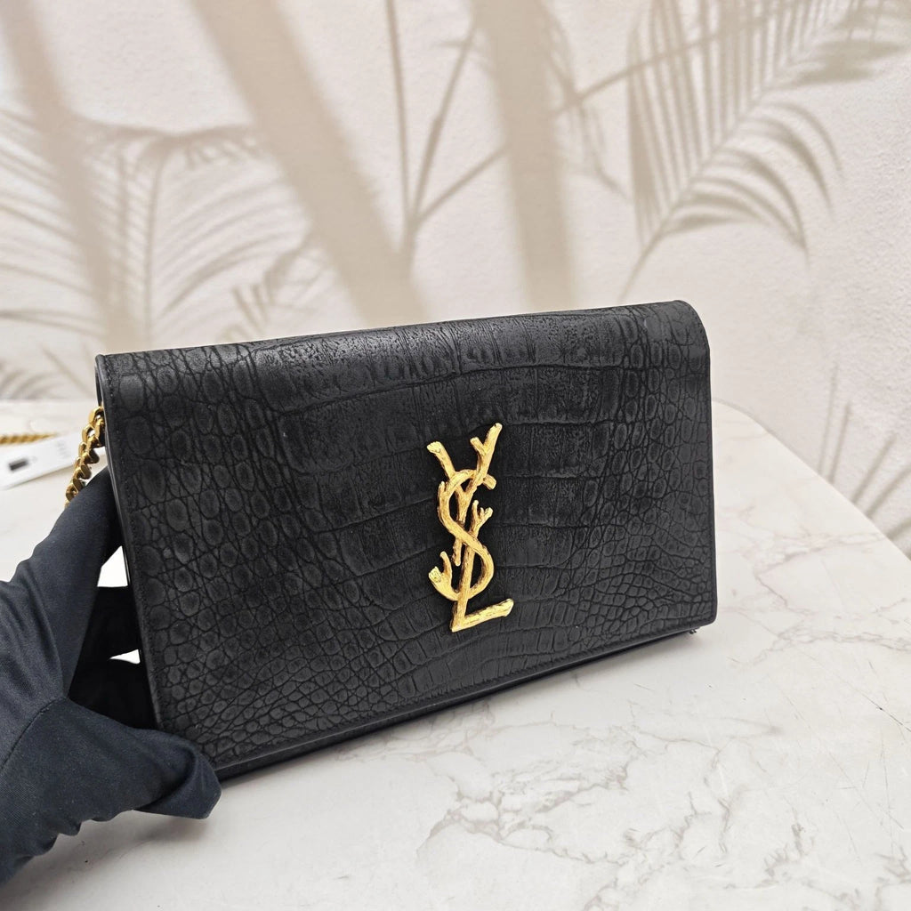 Saint Laurent Kate Black Croc-Embossed Suede Chain Shoulder Bag Women
