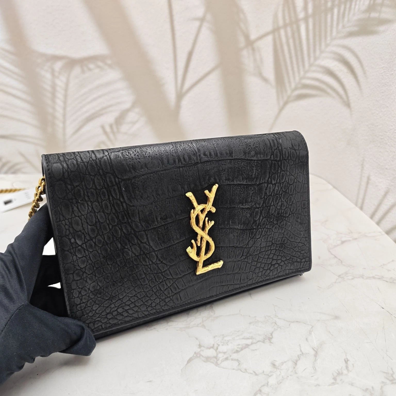 Saint Laurent Kate Black Croc-Embossed Suede Chain Shoulder Bag Women