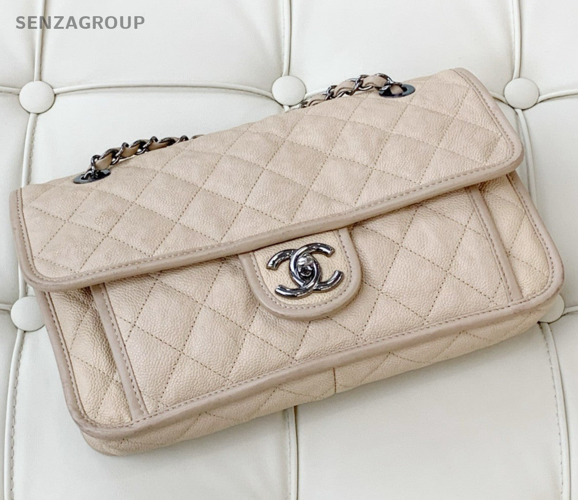 Chanel Classic Flap Calfskin Chain Shoulder Bag Crossbody Beige Silver Women