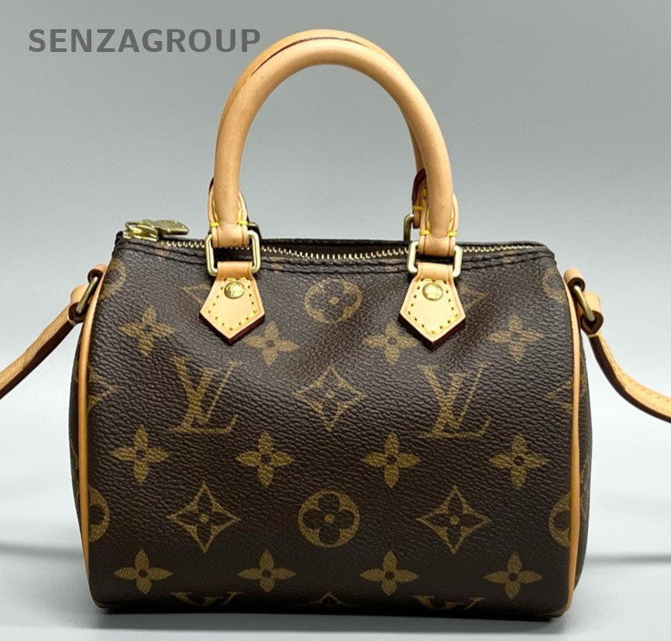Louis Vuitton Speedy Nano Monogram Top Handle Bag Crossbody Brown Gold Women