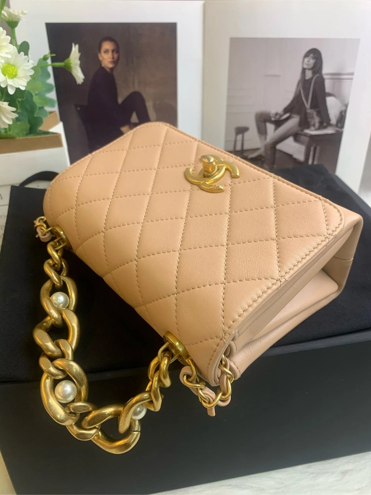 CHANEL Lambskin Pearl Chain Flap Shoulder Bag For Women