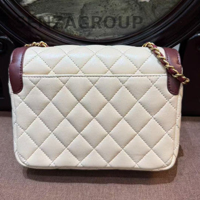 Chanel Quilted Chain Bag Beige Red Crossbody Classic Women's