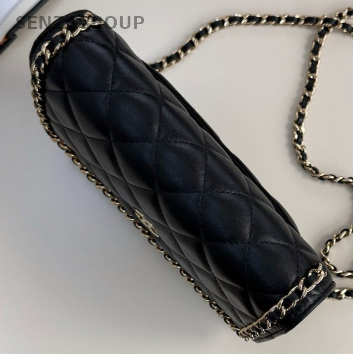 Chanel WOC Chain Shoulder Bag Crossbody Black Gold Women Classic Diamond