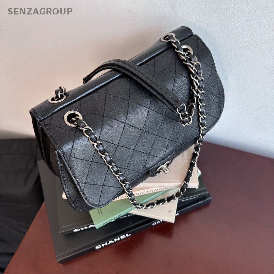 CHANEL Diamond Patten Calfskin Chain Shoulder bag Crossbody Women Black Silver