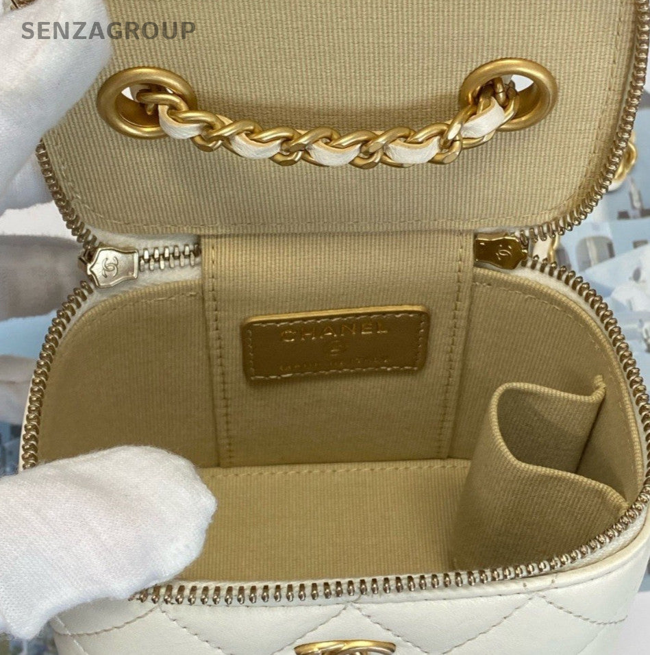 CHANEL Vanity Box mini Chain Shoulder Bag Crossbody White Gold Women Classic