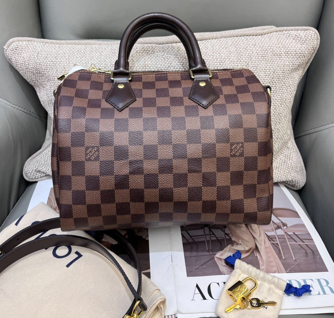Louis Vuitton Speedy25 Damier Ebene Top Handle Bag Crossbody Brown Gold Women
