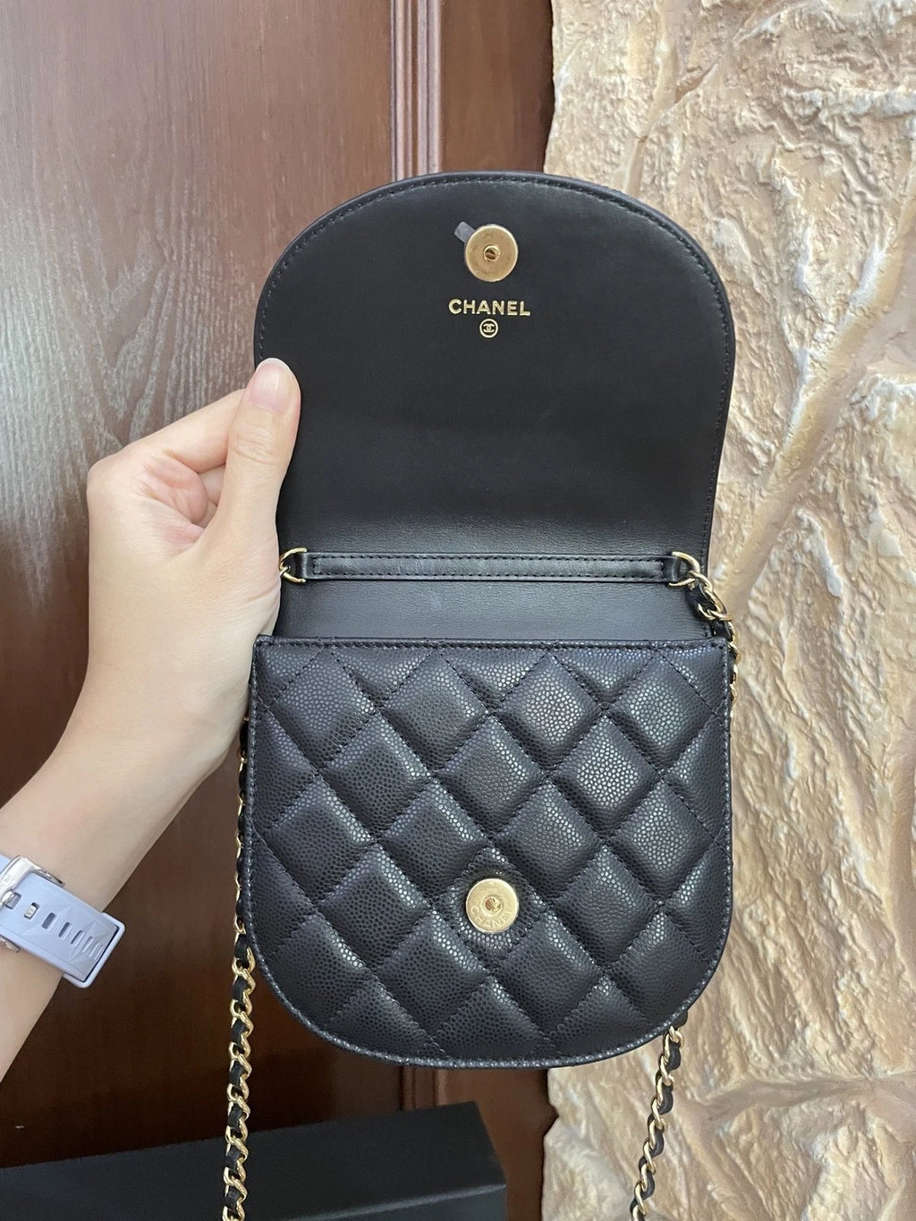 Chanel Black Gold Caviar Leather Star Saddle WOC Chain Bag For Women