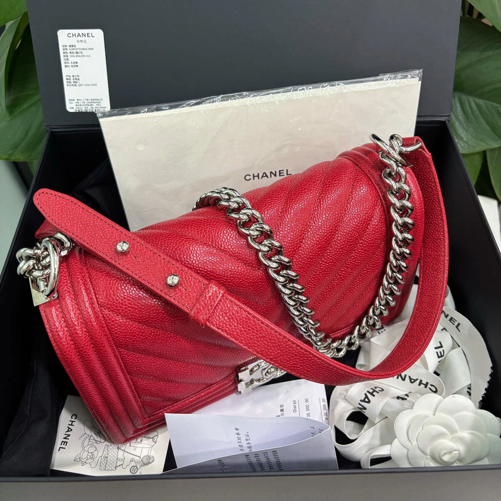 Chanel Leboy MM Calfskin Chain Shoulder Bag Crossbody Red Silver Women Classic