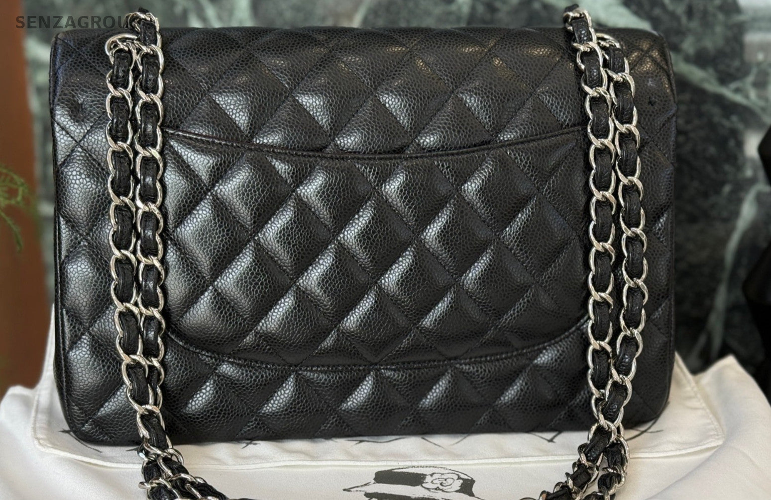 Chanel Classic Flap Jumbo Calfskin Chain Shoulder Bag Black Silver Women